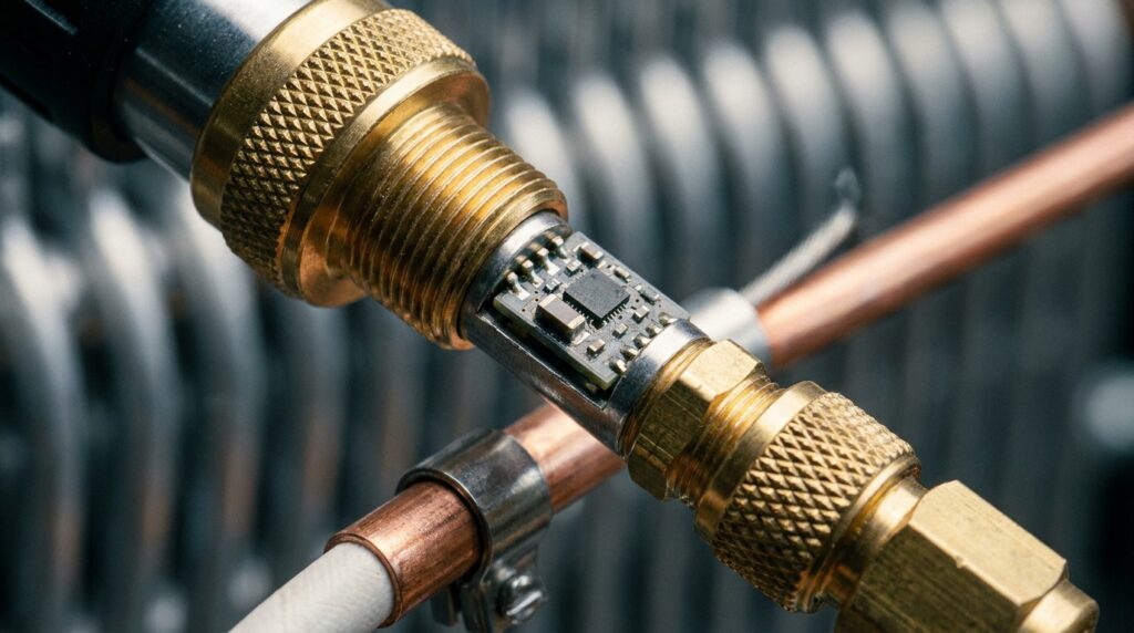 Detalhe em macro de transdutor de pressão de latão e sensor térmico fixados no tubo de cobre do ar-condicionado