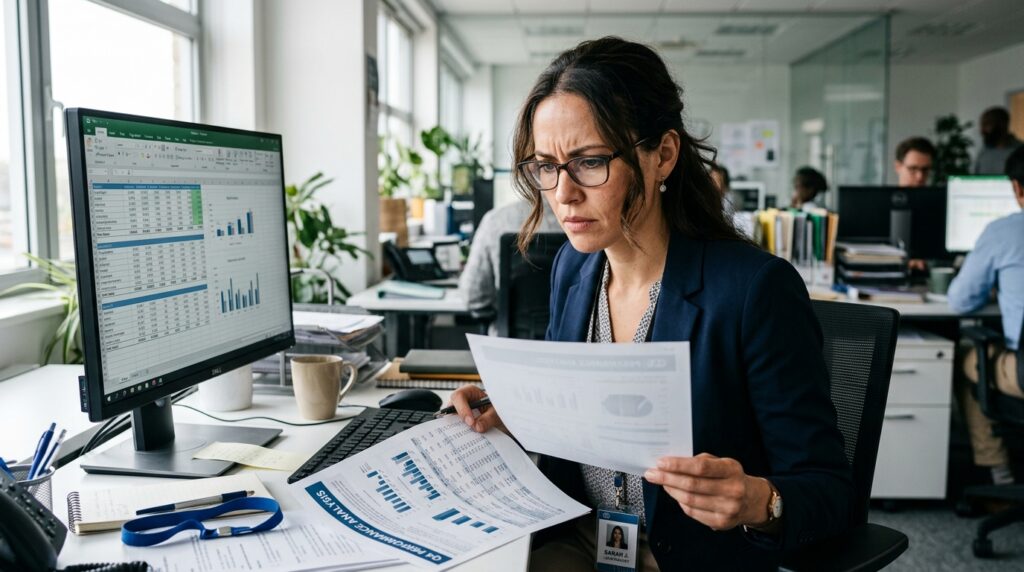 Especialista com expressão atenta analisando anotações em escritório com luz natural.