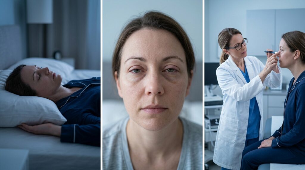 Tríptico fotográfico mostrando o repouso horizontal noturno, o despertar com edema palpebral e a consulta diagnóstica