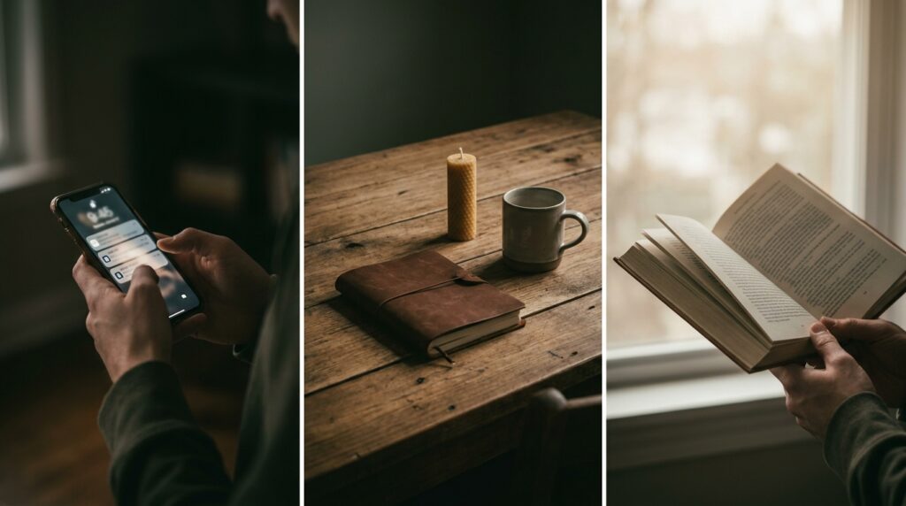 Painel de três imagens mostrando celular iluminado, mesa de estudo vazia e leitura de livro físico