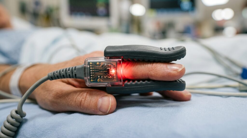 Sensor de oxímetro de pulso com luz infravermelha fixado no dedo de um paciente