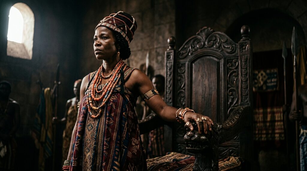Queen_standing_by_wooden_throne_202608171435-1024x572 Rainha Nzinga, líder do Ndongo e Matamba: “Um trono não se herda, se defende todos os dias”