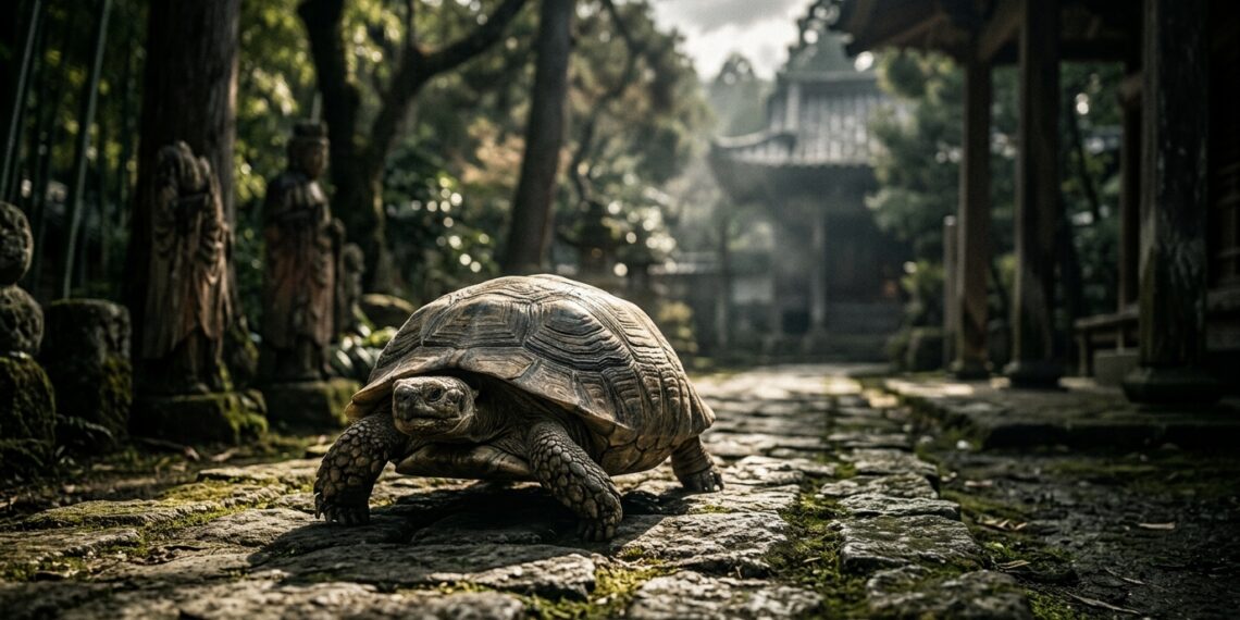 Via de pedras antigas em meio à neblina matinal, simbolizando o ritmo constante da caminhada lenta e focada