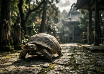 Via de pedras antigas em meio à neblina matinal, simbolizando o ritmo constante da caminhada lenta e focada