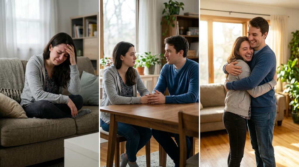 Tr&iacute;ptico em tr&ecirc;s partes mostrando o isolamento na dor, a conversa aberta do casal e o abra&ccedil;o espont&acirc;neo