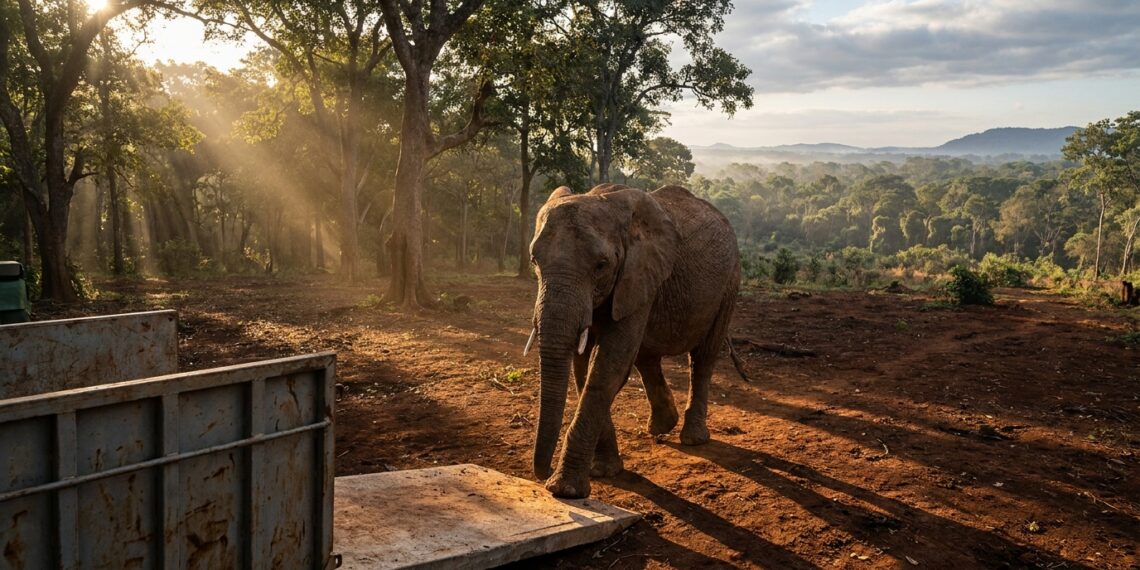 Elefanta africana caminhando sobre solo de terra em meio a árvores altas e vegetação nativa