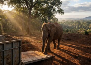Elefanta africana caminhando sobre solo de terra em meio a árvores altas e vegetação nativa