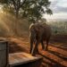 Elefanta africana caminhando sobre solo de terra em meio a árvores altas e vegetação nativa