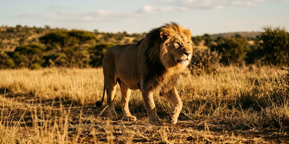 Leão macho idoso caminhando sobre solo gramado de santuário na África do Sul sob a luz dourada do entardecer.