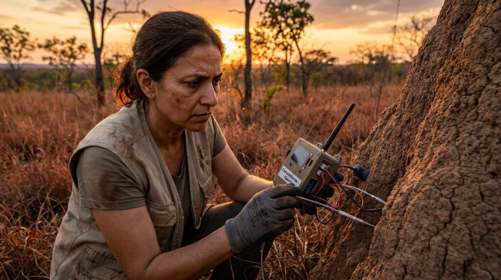Pesquisadora examinando sensor eletrônico Tamanduíno posicionado junto à parede de um cupinzeiro no campo