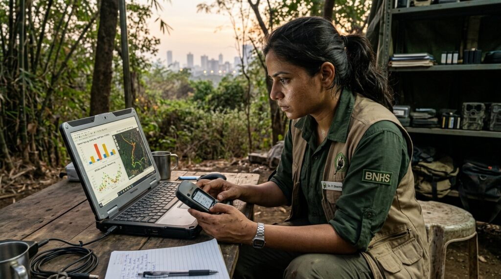 Pesquisador de campo examinando dados de monitoramento de fauna em tablet próximo ao Parque Sanjay Gandhi