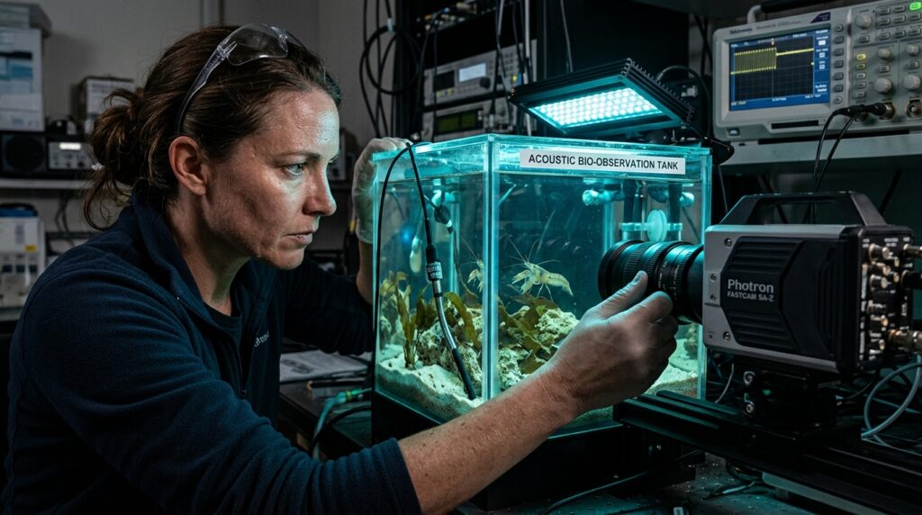 Pesquisadora ajustando sensores e câmera de alta velocidade diante de aquário marinho com camarão-pistola em laboratório