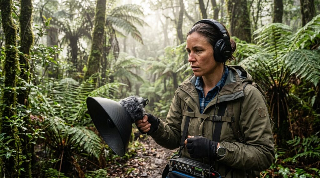 Ornitólogo com fones de ouvido apontando microfone parabólico para a vegetação de floresta temperada na Austrália