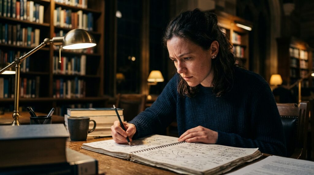 Pesquisador desenhando diagramas conceituais e anotações em um caderno dentro de biblioteca acadêmica