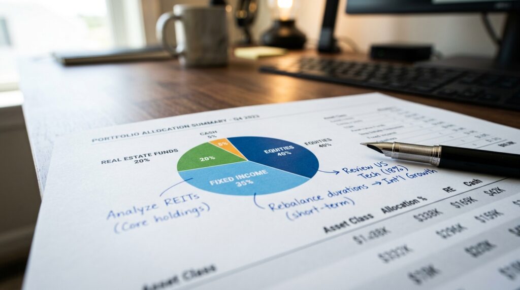 Gráfico impresso de portfólio diversificado com anotações manuscritas sobre renda fixa, fundos imobiliários e ações