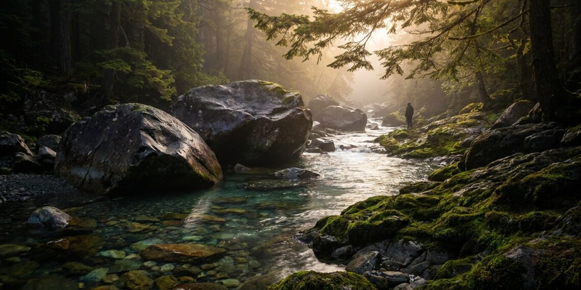 Rio de águas cristalinas contornando grandes rochas escuras em vale montanhoso ao amanhecer