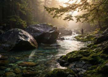 Rio de águas cristalinas contornando grandes rochas escuras em vale montanhoso ao amanhecer