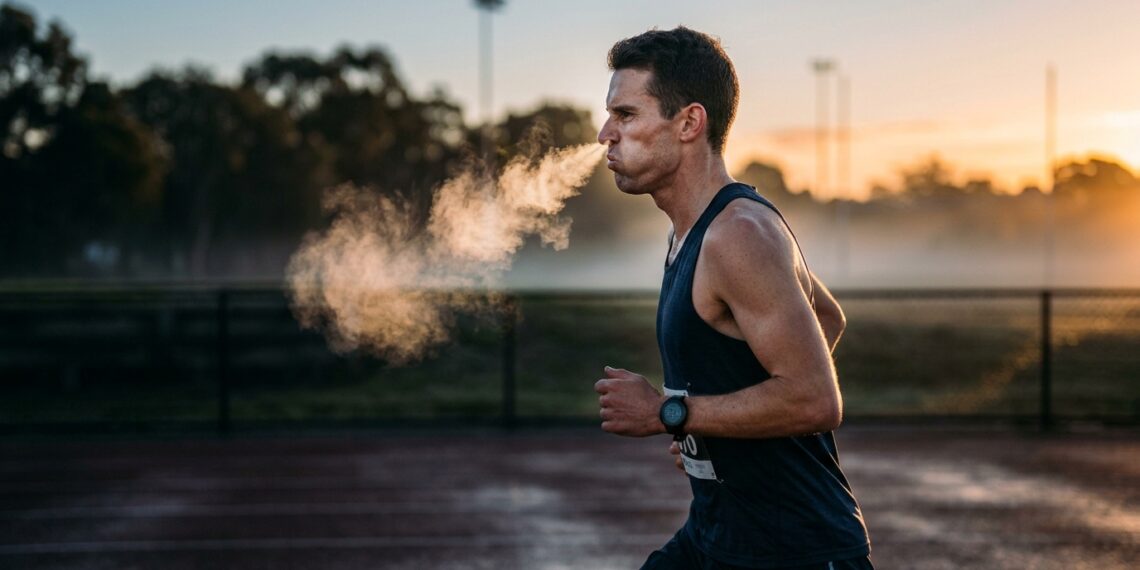 Atleta correndo ao ar livre com foco na respiração nasal durante treino matinal