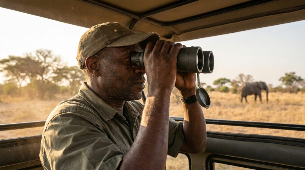 Guia de safári em uniforme observando elefantes com binóculos de dentro de um veículo 4x4 na savana.