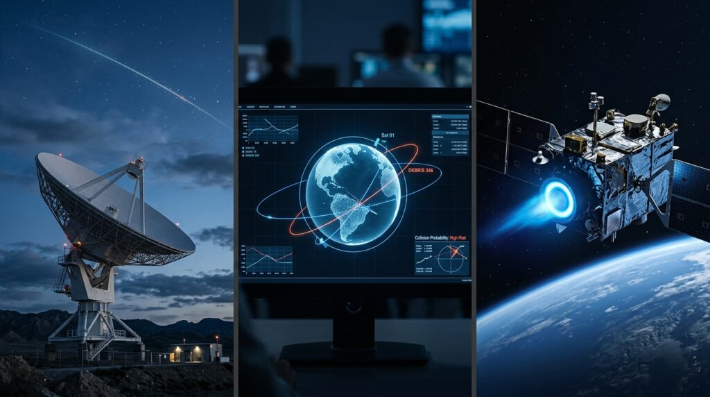 Três quadros verticais mostrando a detecção de detrito por radar de solo, o cálculo de trajetória em software e a manobra de propulsão do satélite no espaço