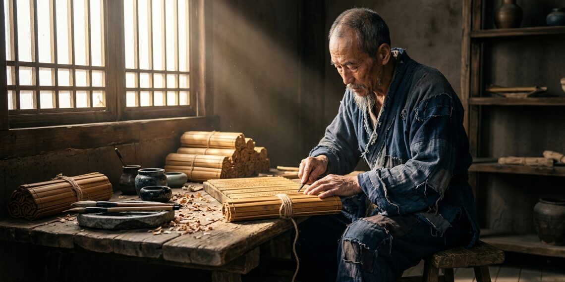 Mestre artesão entalhando caracteres em lâminas de bambu com iluminação natural em oficina rústica