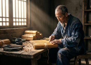 Mestre artesão entalhando caracteres em lâminas de bambu com iluminação natural em oficina rústica