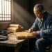 Mestre artesão entalhando caracteres em lâminas de bambu com iluminação natural em oficina rústica