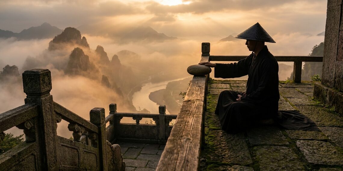 Terraço de templo oriental em pedra diante de montanhas cobertas por névoa ao amanhecer