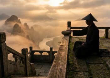 Terraço de templo oriental em pedra diante de montanhas cobertas por névoa ao amanhecer