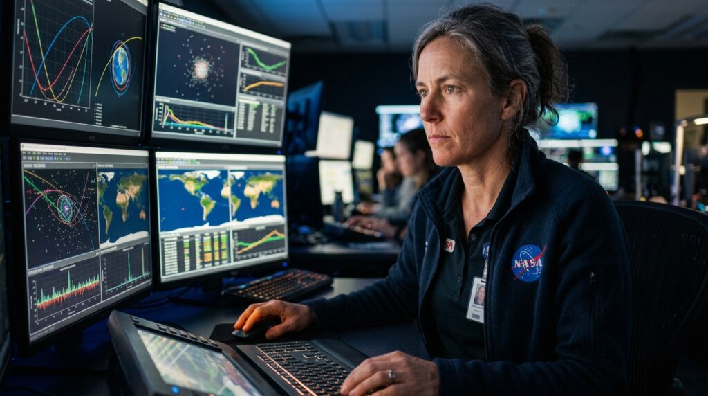 Cientista aeroespacial observando gráficos e rotas de satélites em múltiplos monitores de centro de monitoramento