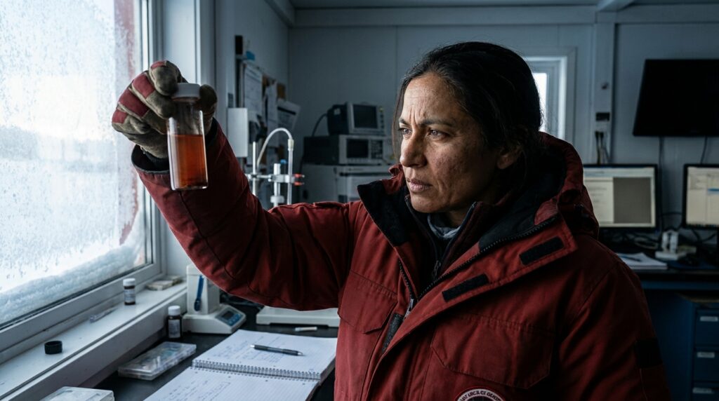 Pesquisador com jaqueta térmica analisando frasco de vidro com água avermelhada dentro de laboratório na Antártida