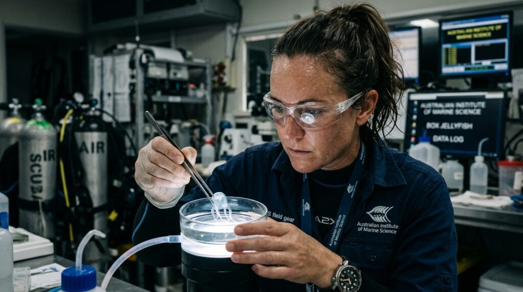 Pesquisador marinho examinando espécime de água-viva-caixa em placa de vidro iluminada em laboratório costeiro