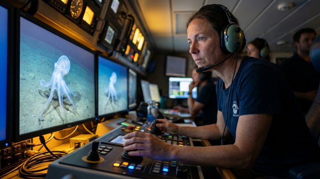 Bióloga marinha em sala de controle de navio de pesquisa monitorando imagens de alta resolução do leito oceânico em telas digitais.