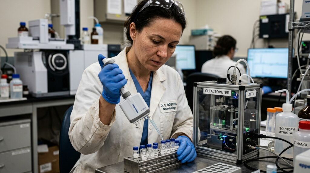 Pesquisador em jaleco e luvas pipetando solução de miristato de isopropila em frascos de vidro em laboratório de neurobiologia