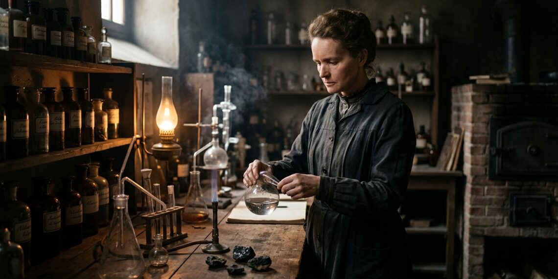 Marie Curie examinando frascos de ensaio e amostras de minério em seu laboratório histórico em Paris.