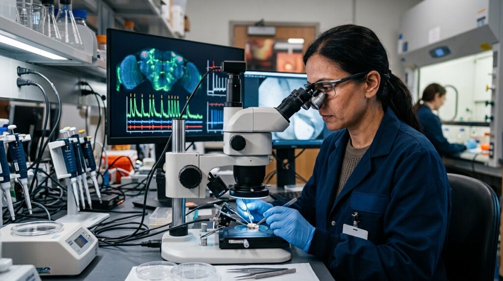 Pesquisador em laboratório de neurobiologia ajustando microscópio de precisão diante de monitores com análises neurológicas