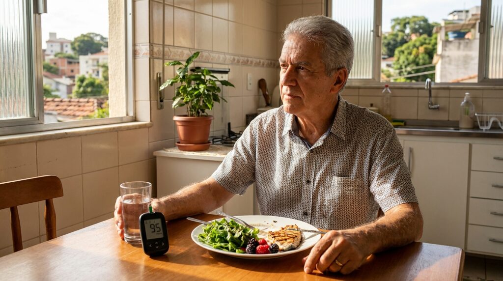 Idoso de 60 anos sentado à mesa após refeição saudável segurando copo de água ao lado de glicosímetro digital.