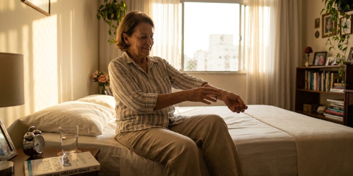 Idoso sentado na cama realizando alongamento suave nas mãos e articulações sob a luz da manhã no quarto.