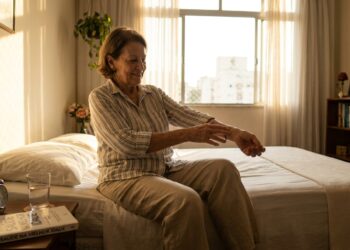 Idoso sentado na cama realizando alongamento suave nas mãos e articulações sob a luz da manhã no quarto.