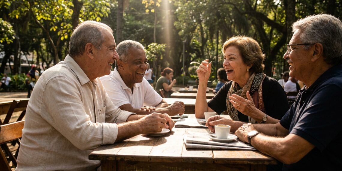 Grupo de idosos reunidos conversando e sorrindo ao redor de mesa de madeira em praça ensolarada.