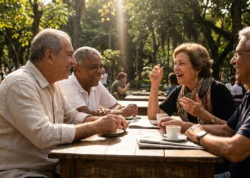 Grupo de idosos reunidos conversando e sorrindo ao redor de mesa de madeira em praça ensolarada.