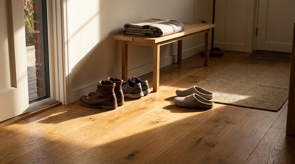 [Sapatos de rua organizados na entrada] [ao lado de pantufas limpas] [sobre piso de madeira em hall residencial]