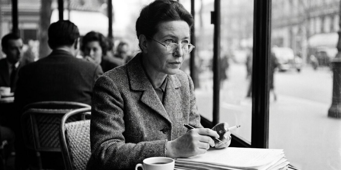 Uma fotografia em preto e branco de Simone de Beauvoir sentada em uma mesa de bistrô em um café parisiense, perto de uma janela