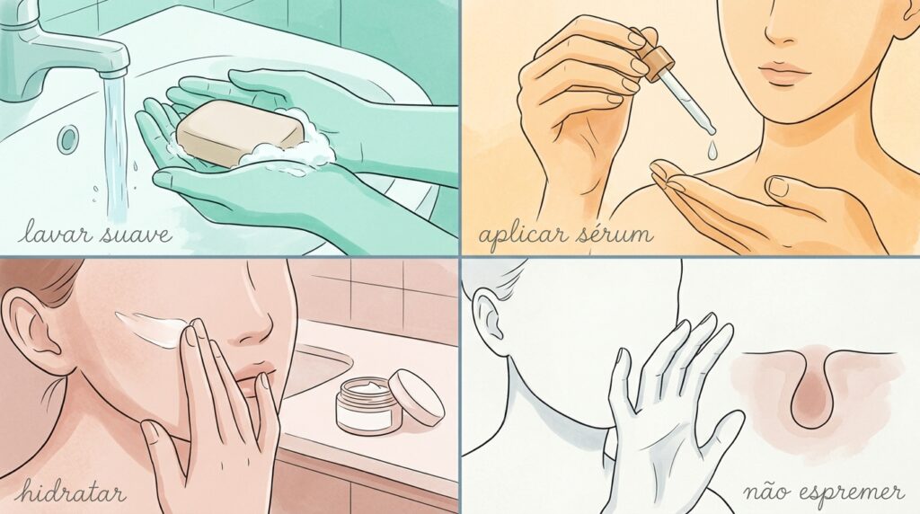 Grade com quatro ilustrações em aquarela digital mostrando passos da rotina de cuidados com a pele: lavagem suave, evitar espremer, aplicação de sérum e hidratação.