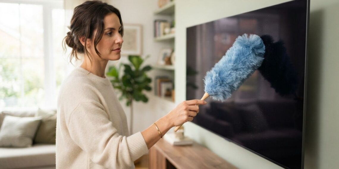 Adeus, marcas de poeira estática acumulada em telas de smart TVs: nova limpeza rápida com espanador eletrostático de plumas sintéticas remove as partículas sem riscar o painel, segundo assistências