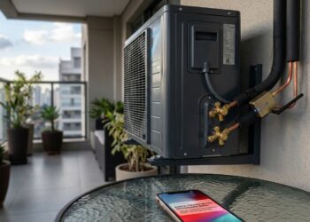 Condensadora de ar-condicionado com sensor de pressão inteligente acoplado ao lado de celular com alerta de gás baixo