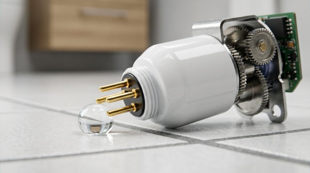 Detalhe em macro de pinos condutores de sensor inteligente tocando gota de água no piso cerâmico