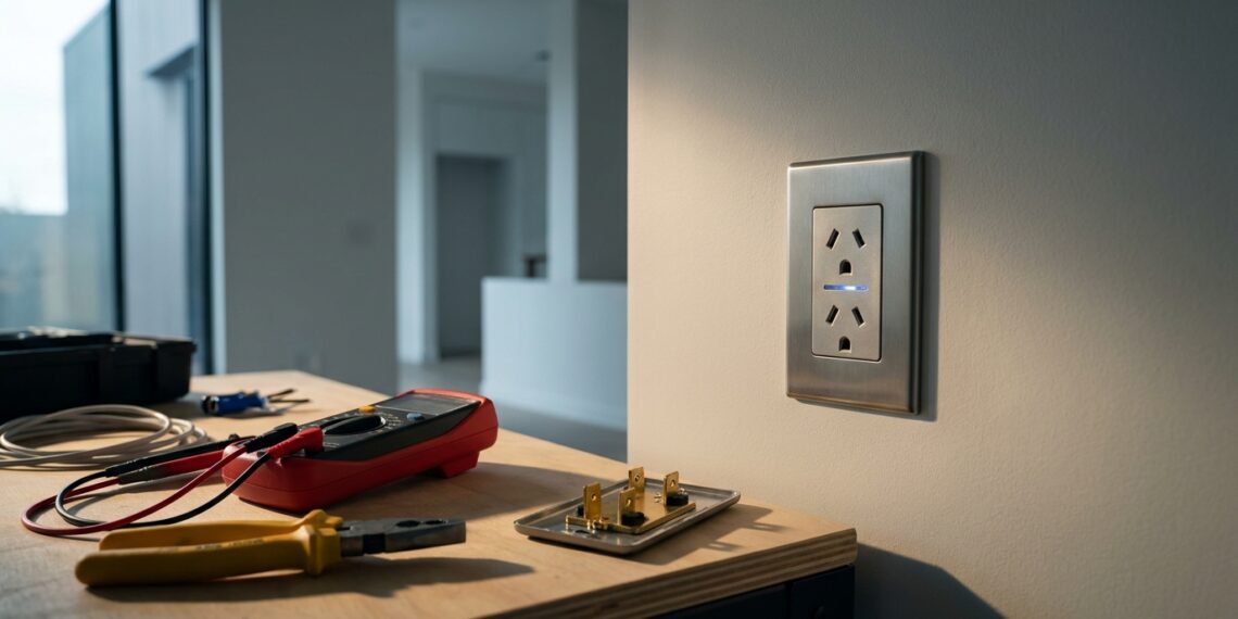 Tomada inteligente com indicador luminoso de segurança instalada em parede de residência recém-construída