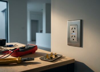 Tomada inteligente com indicador luminoso de segurança instalada em parede de residência recém-construída
