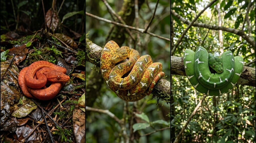 Painel em três etapas mostrando a transição de cor da cobra-papagaio do laranja juvenil ao verde adulto.